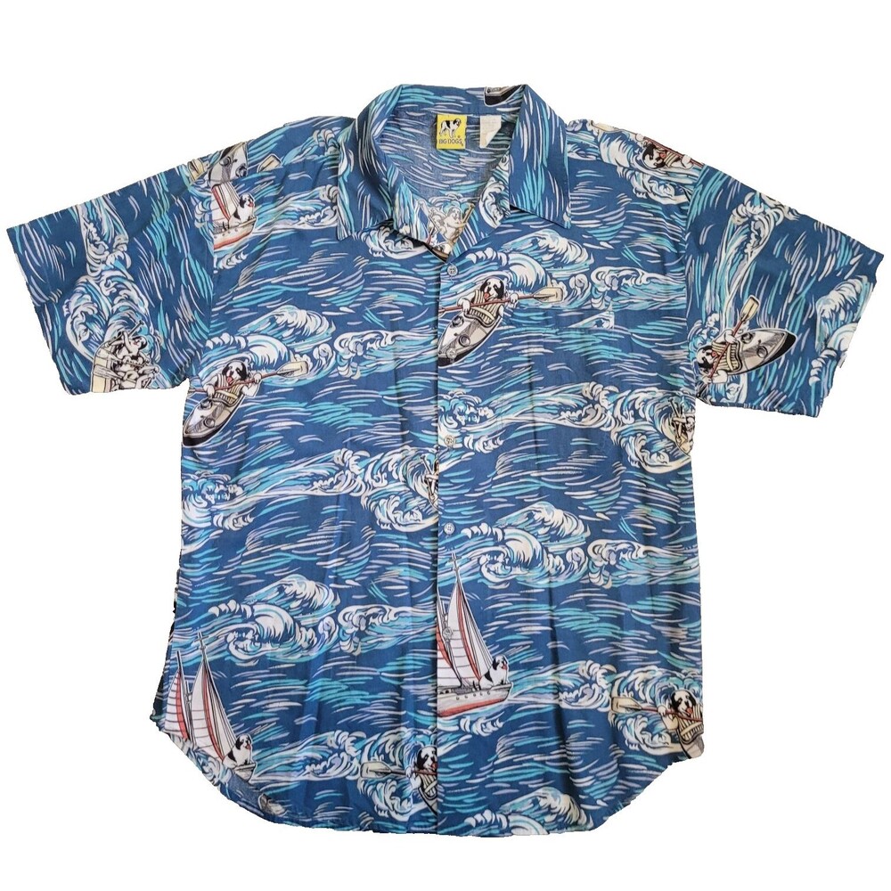 Big Dogs Hawaiian Shirt XL Blue Sailing Boating Kayaking Allover Print Made USA